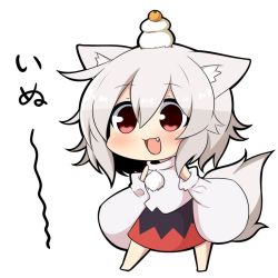 Rule 34 | 1girl, animal ears, chibi, chinese zodiac, commentary request, detached sleeves, fang, food, fruit, hair between eyes, inubashiri momiji, long sleeves, looking at viewer, orange (fruit), pom pom (clothes), red eyes, short hair, simple background, skirt, solo, tail, touhou, translation request, twumi, white hair, wide sleeves, wolf ears, wolf tail, year of the dog