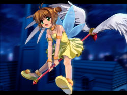 Rule 34 | 1990s (style), 1girl, ankle cuffs, antenna hair, brown hair, cardcaptor sakura, choker, dress, feathered wings, flat chest, flying, fuuin no tsue, green eyes, highres, holding, holding staff, kinomoto sakura, mutsuki (moonknives), night, one side up, open mouth, outdoors, retro artstyle, shiny skin, short hair, sleeveless, sleeveless dress, solo, staff, staff riding, strapless, strapless dress, white wings, wings, wrist cuffs, yellow dress