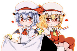 Rule 34 | 2girls, :&gt;, aizawa nanashi, ascot, bat wings, bespectacled, blonde hair, blue hair, clothes lift, fang, fang out, flandre scarlet, glasses, hat, hat ribbon, heart, looking at viewer, mob cap, multiple girls, outline, red-framed eyewear, red eyes, remilia scarlet, ribbon, semi-rimless eyewear, short hair, short sleeves, siblings, simple background, sisters, skirt, skirt lift, skirt set, smile, touhou, under-rim eyewear, white background, wings, wrist cuffs
