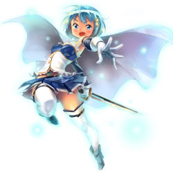 Rule 34 | 10s, 1girl, armband, belt, blue eyes, blue hair, cape, foreshortening, fortissimo, gloves, hair ornament, hairclip, magical girl, mahou shoujo madoka magica, mahou shoujo madoka magica (anime), mahou shoujo madoka magica movie 1 &amp; 2, matching hair/eyes, miki sayaka, musical note, musical note hair ornament, popobobo, short hair, simple background, solo, soul gem, sword, thighhighs, weapon, white background, zettai ryouiki