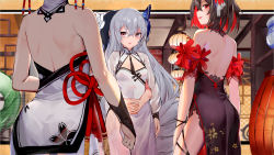 Rule 34 | 4girls, absurdly long hair, absurdres, alternate costume, ass, backless dress, backless outfit, bad id, bad pixiv id, bare shoulders, black hair, black ribbon, blue hair, bronya zaychik, china dress, chinese clothes, commentary request, crossed bangs, dress, flower, grey eyes, grey hair, hair between eyes, hair ornament, head out of frame, hidden face, highres, honkai (series), honkai impact 3rd, hug, hug from behind, indoors, leg ribbon, long hair, lyk wuyan, multicolored clothes, multicolored dress, multicolored hair, multiple girls, red eyes, red flower, red hair, red rope, ribbon, rope, seele (alter ego), seele vollerei, seele vollerei (stygian nymph), theresa apocalypse, theresa apocalypse (valkyrie pledge), thigh ribbon, thighhighs, two-tone hair, very long hair, white dress, white legwear