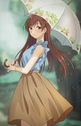 Rule 34 | 1girl, absurdres, bare arms, blue shirt, blurry, blurry background, blush, bracelet, brown eyes, brown hair, closed mouth, emu (emum), frilled sleeves, frills, highres, holding, holding umbrella, idolmaster, idolmaster cinderella girls, jewelry, light particles, long hair, looking at viewer, looking to the side, nitta minami, outdoors, shirt, shirt tucked in, sleeveless, sleeveless shirt, smile, solo, straight hair, umbrella, very long hair, white umbrella