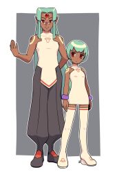 Rule 34 | 1boy, 1girl, bare arms, bare shoulders, boots, bracelet, breasts, closed mouth, dark-skinned female, dark skin, full body, geetz (mega man), green hair, highres, jewelry, looking at viewer, mega man (series), mega man legends (series), mega man legends 2, muu (mumumer), red eyes, sera (mega man), short hair, sidelocks, small breasts, smile, standing, thigh boots, thighhighs, white footwear, white thighhighs