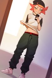 Rule 34 | 1girl, absurdres, amanda o&#039;neill, baggy pants, beanie, blush, bracelet, casual, cellphone, clothes lift, dutch angle, green eyes, grin, hat, highres, jewelry, little witch academia, midriff, mirror, navel, orange hair, pants, phone, product placement, pudgeruffian, raglan sleeves, selfie, shirt lift, shoes, short hair, smile, sneakers, solo, tomboy, white footwear