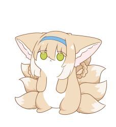 Rule 34 | animal, animal ear fluff, animal ears, animalization, arknights, blue hairband, braid, commentary request, fox ears, fox tail, full body, green eyes, hair between eyes, hair rings, hairband, highres, kitsune, kurotofu, light brown hair, multicolored hair, multiple tails, simple background, solo, standing, suzuran (arknights), tail, twin braids, two-tone hair, white background, white hair