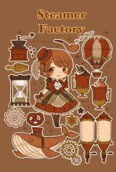 Rule 34 | 1girl, aircraft, ascot, blush, brown dress, brown eyes, brown gloves, brown hair, brown hat, cerika, closed mouth, cup, dress, english text, food, frilled dress, frills, full body, gears, gloves, hat, highres, hot air balloon, hourglass, original, pretzel, short hair, smoking pipe, solo, sparkle, steampunk, whale, white ascot