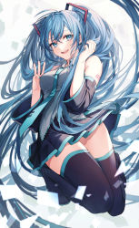 Rule 34 | 1girl, :d, aqua nails, bare shoulders, black footwear, black skirt, blue eyes, blue hair, boots, breasts, commentary, coyucom, detached sleeves, grey shirt, hands up, hatsune miku, highres, long hair, looking at viewer, medium breasts, miniskirt, nail polish, open mouth, pleated skirt, shirt, skirt, smile, solo, thigh boots, thighhighs, thighs, twintails, very long hair, vocaloid, w