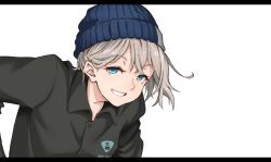 Rule 34 | 1girl, aya shachou, beanie, black shirt, blue eyes, collared shirt, commentary, copyright request, grey hair, grin, hat, leaning forward, letterboxed, looking at viewer, shirt, short hair, simple background, smile, solo, upper body, white background, wing collar