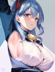 Rule 34 | 1girl, ako (blue archive), armpits, bell, blue archive, blue hair, bow, breasts, cleavage, covered erect nipples, cowbell, hair bow, halo, hand up, heart, heart-shaped pupils, highres, kakerayuri, large breasts, medium hair, neck bell, shirt, sideboob, sleeveless, sleeveless shirt, sweat, symbol-shaped pupils, unbuttoned, unbuttoned shirt, upper body, white shirt