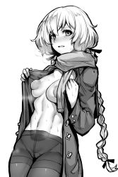 Rule 34 | 10s, 1girl, absurdres, blush, breasts, cleavage, coat, gggg, greyscale, highres, inverted nipples, konno junko, large areolae, long hair, looking at viewer, medium breasts, monochrome, navel, nipples, open clothes, open coat, open mouth, pantyhose, puffy nipples, scarf, simple background, solo, standing, sweat, thighband pantyhose, white background, zombie land saga