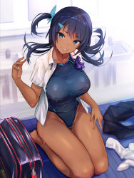 Rule 34 | 1girl, aqua eyes, bag, bare legs, barefoot, black hair, black one-piece swimsuit, breasts, collarbone, collared shirt, commentary request, competition swimsuit, dark-skinned female, dark skin, grin, groin, hair ornament, hairclip, highres, large breasts, unworn legwear, long hair, looking at viewer, mappaninatta, mimikaki, one-piece swimsuit, one side up, original, parted lips, seiza, shirt, short sleeves, sink, sitting, smile, solo, swimsuit, swimsuit under clothes, thighs, water, wet, white shirt, wing collar, zipper