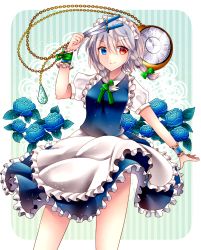 Rule 34 | 1girl, apron, between fingers, blue background, blue dress, blue eyes, blue flower, blue rose, bow, braid, breasts, clothes lift, dress, dress lift, flower, grey hair, hair bow, hand up, heterochromia, holding, holding knife, izayoi sakuya, knife, knives between fingers, maid, maid apron, maid headdress, pocket watch, puffy short sleeves, puffy sleeves, red eyes, ribbon, roman numeral, rose, sakizaki saki-p, shirt, short dress, short hair, short sleeves, smile, solo, striped, striped background, thighs, touhou, twin braids, watch, white background, white shirt, wrist cuffs