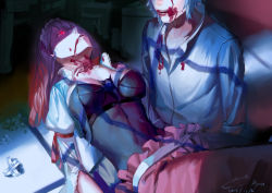 Rule 34 | 1boy, 1girl, bleeding, blood, blood from mouth, blood on face, blood on clothes, breasts, collarbone, covered navel, dated, death, fangs, floral print, flower, frills, glowing, glowing eyes, highres, holding, holding person, indoors, injury, liyou-ryon, long hair, looking at another, maid headdress, open mouth, original, pointy ears, puffy sleeves, purple hair, shaded face, signature, slit pupils, teeth, upper teeth only, vampire, white flower, white hair, zipper