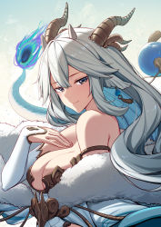 Rule 34 | 1girl, absurdres, breasts, cleavage, commentary, detached sleeves, dragon horns, dragon tail, earrings, erezu, fins, hand on own chest, head fins, highres, horns, jewelry, large breasts, long hair, looking at viewer, multicolored eyes, multiple horns, portrait, purple eyes, sidelocks, silver hair, sky, smile, solo, tail, vei (vtuber), vei (vtuber) (sky empress), virtual youtuber, vshojo