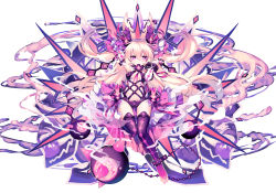 Rule 34 | 1girl, animal ears, ao jun, armpits, arms up, ball and chain (weapon), ball and chain restraint, blonde hair, boots, breasts, center opening, cleavage cutout, clothing cutout, expressionless, flail, full body, hair between eyes, hair ornament, jitome, long hair, looking at viewer, medium breasts, morning star, mouth hold, nail polish, navel, original, pink eyes, pink nails, pink thighhighs, purple footwear, revealing clothes, revealing layer, simple background, smoke, spiked ball and chain, spikes, stomach, thigh boots, thighhighs, twintails, underboob, very long hair, weapon, white background