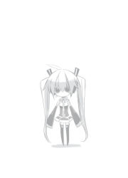 Rule 34 | akisame kou, bad id, bad pixiv id, chibi, detached sleeves, greyscale, hatsune miku, long hair, monochrome, necktie, skirt, solo, thighhighs, twintails, vocaloid