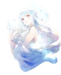 Rule 34 | 1girl, bare shoulders, blue hair, blush, cape, dress, fire emblem, fire emblem: the blazing blade, flower, hair ornament, kuzumosu, long hair, looking at viewer, ninian, nintendo, red eyes, simple background, smile, solo, white background