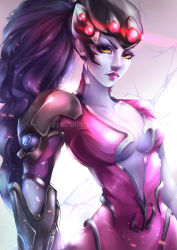 Rule 34 | 1girl, absurdres, arm armor, armor, artist name, bad id, bad pixiv id, blue skin, bodysuit, breasts, cleavage, collarbone, colored skin, glowing, head-mounted display, highres, lipstick, makeup, nelshiu, overwatch, overwatch 1, solo, widowmaker (overwatch), yellow eyes