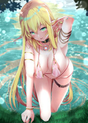 Rule 34 | 1girl, bent over, bikini, blonde hair, blush, bracelet, braid, breasts, cleavage, collar, collarbone, commentary request, dappled sunlight, earrings, elf, grass, green eyes, hanging breasts, jewelry, large breasts, long hair, looking at viewer, navel, open mouth, original, pink bikini, pointy ears, shirosuzu, solo, sunlight, swimsuit, thigh strap, very long hair, wet