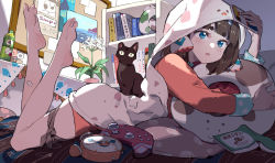 Rule 34 | 1girl, alarm clock, animal print, barefoot, beimu lakia, black cat, blue eyes, board, book, brown hair, cat, clam shell, clock, controller, cushion, feet, fish print, flower, flower pot, hair ornament, highres, holding, holding phone, holding swim ring, innertube, lifebuoy, long sleeves, looking at phone, looking at viewer, lying, on bed, on stomach, pajamas, parted lips, phone, pillow, plastic bottle, shell casing, short eyebrows, short hair, soles, solo, swim ring, tennohi, thick eyebrows, thigh strap, toes, virtual youtuber