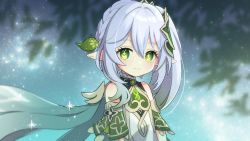 Rule 34 | cape, child, cross-shaped pupils, detached sleeves, dress, genshin impact, gradient hair, green cape, green eyes, green hair, hair ornament, leaf hair ornament, long hair, multicolored hair, nahida (genshin impact), pointy ears, shuu (syuuuuuuuuuu), smile, sparkle, symbol-shaped pupils, white dress, white hair