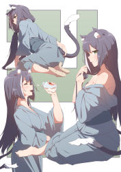Rule 34 | 1girl, absurdres, adjusting hair, animal ear fluff, animal ears, ass, bare shoulders, barefoot, black hair, blush, bottle, breasts, cat ears, cat tail, closed eyes, commentary request, green eyes, highres, japanese clothes, karyl (princess connect!), long hair, long sleeves, looking back, looking to the side, low-tied long hair, medium breasts, milk bottle, multicolored hair, multiple views, mushi hara, obi, off shoulder, princess connect!, sash, simple background, sitting, streaked hair, tail, tail raised, two-tone hair, wide sleeves, yokozuwari