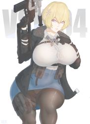 Rule 34 | 1girl, absurdres, ammunition pouch, artist name, assault rifle, belt buckle, black coat, black gloves, blonde hair, blue eyes, blue neckwear, blue skirt, breasts, buckle, button gap, character name, coat, collared shirt, fur-trimmed jacket, fur trim, girls&#039; frontline, gloves, gluteal fold, gun, hair ornament, hand on own chest, highres, holster, jacket, kuromoro, large breasts, looking at viewer, looking to the side, magazine (weapon), miniskirt, neckwear request, panties, panties under pantyhose, panty peek, pantyhose, pantyshot, pencil skirt, pocket, pouch, rifle, scope, shirt, shirt tucked in, short hair, skirt, snap-fit buckle, sniper rifle, snowflake hair ornament, thick thighs, thigh gap, thigh holster, thigh pouch, thigh strap, thighband pantyhose, thighs, underwear, vsk-94, vsk-94 (girls&#039; frontline), weapon, white background
