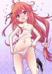 Rule 34 | 10s, 1girl, :o, bandages, blush, breasts, crescent, crescent hair ornament, flying sweatdrops, hair ornament, kantai collection, leg up, long hair, looking at viewer, low-tied long hair, no bra, open mouth, panties, panty lift, rabbit hair ornament, red eyes, red hair, sarashi, sata (sat), small breasts, solo, striped clothes, striped panties, underwear, uzuki (kancolle), very long hair, wavy mouth