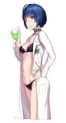 Rule 34 | 10s, 1girl, antenna hair, black bra, black choker, black panties, blue hair, blunt bangs, bra, breast pocket, breasts, choker, cleavage, cloba, closed mouth, collarbone, cropped legs, cup, dated, drinking glass, hand on own hip, highres, holding, holding cup, holding drinking glass, jewelry, lab coat, lips, liquid, long sleeves, looking at viewer, navel, necklace, panties, pendant, persona, persona 5, pocket, red eyes, short hair, signature, simple background, small breasts, smile, solo, standing, stomach, studded choker, syringe, takemi tae, thighs, unbuttoned, underwear, white background
