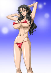 Rule 34 | 1girl, abs, alvida (one piece), armpits, arms up, bare arms, bare legs, bare shoulders, bikini, black hair, blush, breasts, cleavage, covered erect nipples, female focus, gradient background, green eyes, groin, highres, large breasts, legs, lips, lipstick, long hair, looking at viewer, makeup, micro bikini, navel, nel-zel formula, one piece, open mouth, red bikini, red lips, shiny skin, simple background, smile, solo, source request, standing, swimsuit, thighs, thong, toned
