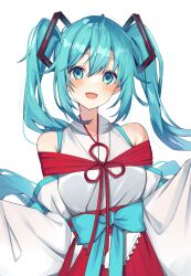 Rule 34 | 1girl, :d, aqua bow, aqua eyes, aqua hair, bare shoulders, blush, bow, breasts, chroemaguro, commentary, detached sleeves, hair between eyes, hakama, hakama skirt, hatsune miku, highres, japanese clothes, long hair, looking at viewer, medium breasts, miko, open mouth, red hakama, shirt, simple background, skirt, smile, solo, straight-on, twintails, upper body, very long hair, vocaloid, white background, white shirt
