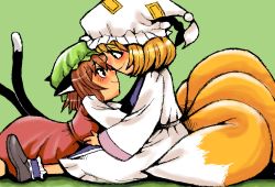 Rule 34 | 2girls, animal ears, cat ears, cat girl, cat tail, chen, cuddling, eye contact, female focus, fox, fox tail, from side, green background, hat, hug, jaggy lines, looking at another, multiple girls, multiple tails, oekaki, onikobe rin, profile, simple background, sitting, tail, tegaki, touhou, yakumo ran, yuri