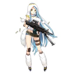 Rule 34 | 1girl, ammunition, ammunition belt, armband, belt, bipod, blue hair, blush, bow, breasts, blowing bubbles, buckle, chewing gum, cleavage, covered erect nipples, crop top, denim, denim shorts, eyebrows, fingerless gloves, full body, fur-trimmed legwear, fur trim, girls&#039; frontline, gloves, gun, hair bow, holding, holding gun, holding weapon, holster, hood, hoodie, knee pads, light machine gun, long hair, looking at viewer, m249, m249 saw (girls&#039; frontline), machine gun, magazine (weapon), medium breasts, midriff, nose, official art, personification, pom pom (clothes), scope, sheska xue, short shorts, shorts, sleeveless, solo, squad automatic weapon, standing, swept bangs, tail, thigh holster, transparent background, vertical forward grip, very long hair, weapon, white gloves, yellow eyes