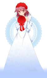 1girl bad_id bad_pixiv_id blush bouquet bridal_veil dress female_focus flower highres miyanaga_teru red_hair ribbon rose saki_(manga) short_hair so_sou solo sou_(mgn) veil wedding_dress