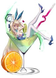 Rule 34 | 1girl, absurdres, animal ears, blonde hair, blue archive, blue bow, blue bowtie, blue eyes, blue footwear, blue leotard, blush, bow, bowtie, breasts, cocktail glass, cup, drinking glass, drinking straw, earpiece, fake animal ears, food, fruit, full body, heart, high heels, highres, ice, in container, in cup, kenka (user hrjm2543), leotard, long hair, looking at viewer, medium breasts, official alternate costume, orange (fruit), orange slice, rabbit ears, solo, strapless, strapless leotard, thighhighs, toki (blue archive), toki (bunny) (blue archive), transparent background, white thighhighs, wrist cuffs