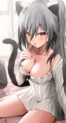 Rule 34 | 1girl, absurdres, animal ears, arknights, bed sheet, breasts, cat ears, cat girl, cat tail, cleavage, collarbone, curtains, dress, grey hair, hair between eyes, hand on own chest, highres, horn/wood, indoors, large breasts, long hair, long sleeves, looking at viewer, off shoulder, on bed, open mouth, schwarz (arknights), single bare shoulder, sitting, solo, tail, wariza, white dress, yellow eyes