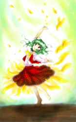 Rule 34 | 1girl, arm up, ascot, barefoot, collared shirt, dress shirt, frilled ascot, frills, full body, green hair, highres, kazami yuuka, leg up, long hair, long sleeves, looking up, medinki, official style, open clothes, open vest, plaid, plaid skirt, plaid vest, red eyes, red skirt, red vest, shirt, shirt tucked in, skirt, solo, tiptoes, touhou, vest, white shirt, yellow ascot, zun (style)