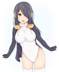 Rule 34 | 10s, 1girl, :d, absurdres, black hair, blonde hair, blush, breasts, drawstring, emperor penguin (kemono friends), hair over one eye, headphones, highleg, highleg leotard, highres, kemono friends, large breasts, leaning to the side, leotard, looking at viewer, multicolored hair, open mouth, simple background, smile, solo, streaked hair, thighhighs, turtleneck, two-tone hair, white background, white leotard, white thighhighs, yellow eyes, yuyusuika