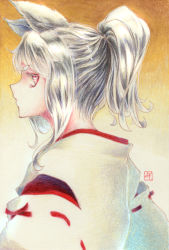 Rule 34 | 1girl, animal ears, commentary, eyebrows, eyelashes, fox ears, gradient background, high ponytail, highres, japanese clothes, long hair, millipen (medium), original, profile, red eyes, ribbon trim, sidelocks, signature, silver hair, solo, tesun (g noh), traditional media, upper body, watercolor pencil (medium)