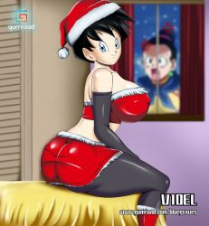 Rule 34 | 2girls, angry, ass, bed, bedroom, black hair, blue eyes, bluegraves, breasts, censored, chi-chi (dragon ball), christmas, curvy, dragon ball, dragonball z, from behind, fur, gloves, hat, holidays, huge breasts, large breasts, legs, looking at viewer, multiple girls, pantyhose, santa costume, santa hat, school, sexually suggestive, shirt, short hair, shorts, sitting, smile, spandex, thick thighs, thighs, videl, wide hips