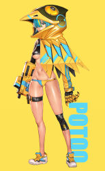 Rule 34 | 1girl, aqua hair, asymmetrical clothes, bird hood, blonde hair, blue eyes, blue gloves, breasts, bullpup, commentary request, covered erect nipples, crop top, cyborg, english text, full body, gloves, groin, gun, hair over one eye, half gloves, highres, holding, holding gun, holding weapon, hood, hoodie, joints, knee pads, lips, looking at viewer, lowleg, lowleg panties, machine pistol, mechanical hands, mechanical wings, medium breasts, multicolored hair, navel, nose, original, panties, pouch, robot joints, shiny skin, shoes, single glove, single knee pad, single mechanical hand, skindentation, sneakers, solo, standing, streaked hair, thigh pouch, toned, two-tone hair, underboob, underwear, weapon, wei (kaminari0411), wings, yellow background, yellow hoodie