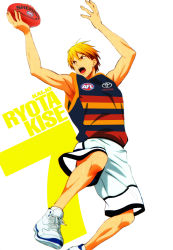 Rule 34 | &gt;:o, 1boy, adelaide crows, american football (object), arms up, australia, australian football league, australian rules football, ball, blonde hair, character name, commentary, haruhis2kyon, jersey, jumping, kise ryouta, kuroko no basuke, male focus, red eyes, shoes, shorts, sleeveless, sneakers, solo, toyota, v-shaped eyebrows, white footwear
