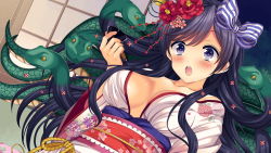 Rule 34 | 1girl, artist request, black hair, blush, bow, breasts, cup, flower, game cg, hair bow, hair flower, hair ornament, holding, holding cup, japanese clothes, kagachi (monster musume), kimono, long hair, looking at viewer, medium breasts, monster musume no iru nichijou, monster musume no iru nichijou online, obi, official art, open mouth, purple eyes, red flower, sakazuki, sash, scales, snake hair, solo, yukata