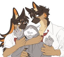 Rule 34 | 3boys, animal ear fluff, animal ears, arm around neck, arm grab, body fur, brown eyes, brown fur, brown hair, claws, closed mouth, collared shirt, colored inner hair, commentary request, dog ears, dog girl, dual persona, english text, faceless, furry, genderswap, genderswap (ftm), german shepherd, hair between eyes, hands up, highres, long hair, looking at another, multicolored hair, multiple boys, necktie, oji (norahasu), orange hair, original, rata (norahasu), red necktie, sandwiched, shirt, short hair, simple background, upper body, very short hair, white background, white shirt