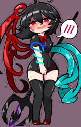 Rule 34 | 1girl, absurdres, ahoge, asymmetrical wings, black dress, black hair, black thighhighs, blue wings, blush, bow, bowtie, breasts, brown background, center frills, commentary request, dress, dress tug, ear blush, fang, footwear bow, frilled dress, frills, full body, hair between eyes, highres, holding, holding polearm, holding weapon, houjuu nue, kunitori, long bangs, looking at viewer, mary janes, medium breasts, medium hair, nose blush, open mouth, pigeon-toed, pointy ears, polearm, red bow, red bowtie, red eyes, red footwear, red wings, shoes, short dress, short sleeves, simple background, skin fang, solo, spoken blush, standing, sweat, tearing up, thighhighs, tomoe (symbol), touhou, trembling, trident, weapon, wings, zettai ryouiki