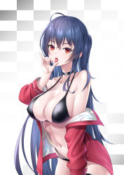 Rule 34 | 1girl, absurdres, ahoge, azur lane, bare shoulders, bikini, black bikini, black choker, blue hair, breasts, checkered background, choker, collarbone, cowboy shot, fellatio gesture, hair between eyes, hand up, highres, jacket, large breasts, long hair, long sleeves, looking at viewer, navel, off shoulder, official alternate costume, open clothes, open jacket, open mouth, red eyes, red jacket, solo, stomach, swimsuit, taihou (azur lane), taihou (enraptured companion) (azur lane), tongue, tongue out, very long hair, wan xing