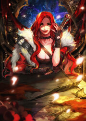 Rule 34 | 1girl, armor, black gloves, blood, blood on face, breasts, cape, cha heera, cleavage, dried blood, eu (euspia), fingerless gloves, fur-trimmed cape, fur trim, gloves, korean commentary, large breasts, licking lips, long hair, looking at viewer, novel illustration, official art, red hair, regressor&#039;s instruction manual, rubble, scar, scar on arm, scar on hand, slit pupils, solo, straight-on, tongue, tongue out, weapon, weapon on back, yellow eyes