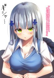 Rule 34 | 1girl, bad id, bad pixiv id, blush, breasts, cleavage, collarbone, collared shirt, commentary request, facial mark, girls&#039; frontline, green eyes, hair ornament, highres, hk416 (girls&#039; frontline), long hair, looking at viewer, medium breasts, parted lips, ramchi, shirt, short sleeves, signature, silver hair, simple background, solo, sweater vest, translation request, very long hair, white background, white shirt