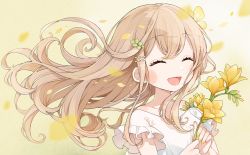 Rule 34 | 1girl, :d, ^ ^, blush stickers, brown background, brown hair, chon (chon33v), closed eyes, collarbone, facing viewer, floating hair, flower, freesia (flower), hair between eyes, hands up, highres, holding, holding flower, long hair, nail polish, open mouth, original, petals, shirt, short sleeves, smile, solo, upper body, white shirt, yellow nails