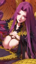 Rule 34 | 1girl, breasts, bustier, claws, cleavage cutout, clothing cutout, fate/grand order, fate (series), from above, gorgon (fate), hair intakes, highres, large breasts, long hair, looking at viewer, medusa (fate), medusa (rider) (fate), monster girl, purple hair, rider, scales, slit pupils, snake, very long hair, wings, yd (orange maru)